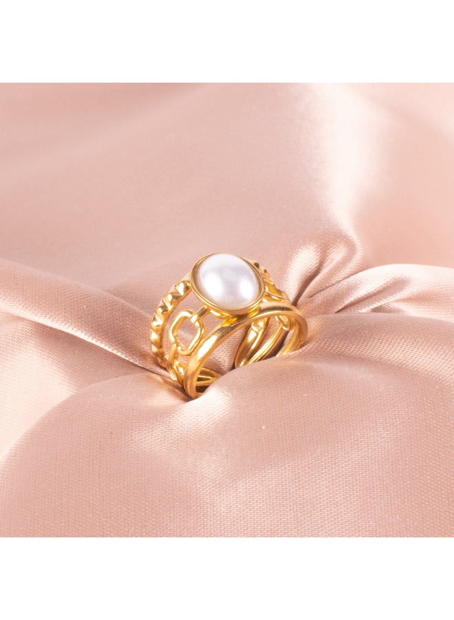 The Black Pearl Accessories Free Size Stainless Steel Golden Ring With White Clamshell Stone  - Image 1