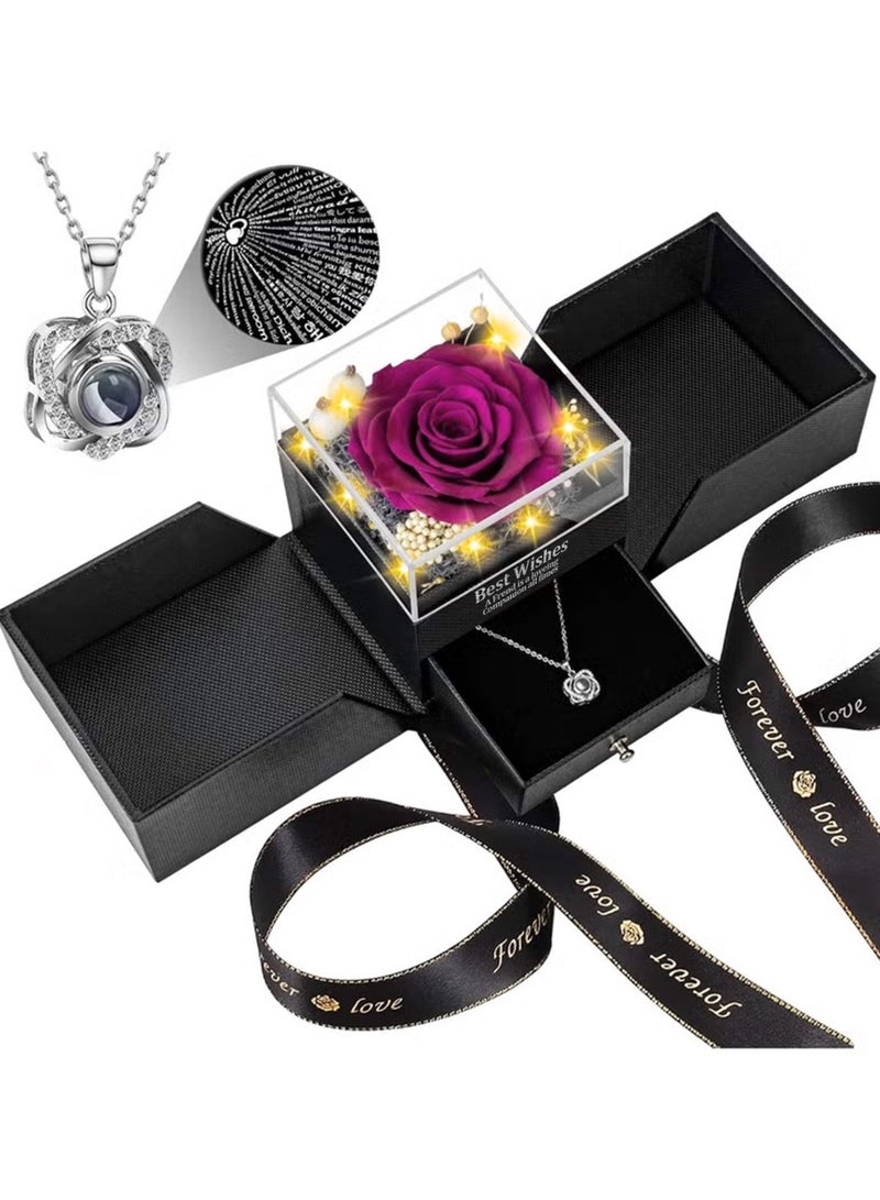 Preserved Purple Real Rose-Eternal Flowers Rose Birthday Gifts for Her Mom Wife Girlfriend Grandma on Valentines Mothers Day Christmas Anniversary Romantic with Heart I Love You Necklace-Purple - Image 1