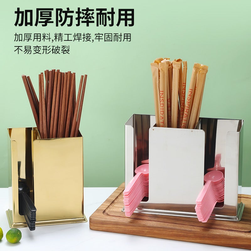 Stainless Steel Chopsticks Tube Spoon Barrel Square Storage Box Rack Golden Restaurant Spoon Spoon Rack Commercial Drainer - Image 3