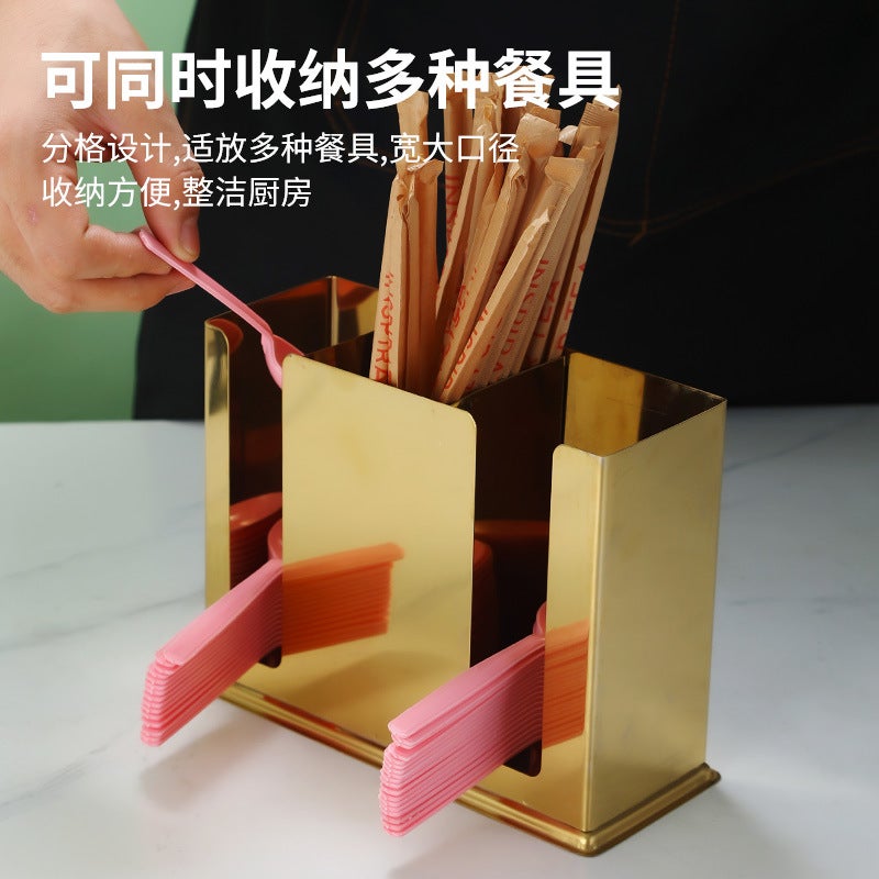 Stainless Steel Chopsticks Tube Spoon Barrel Square Storage Box Rack Golden Restaurant Spoon Spoon Rack Commercial Drainer - Image 4