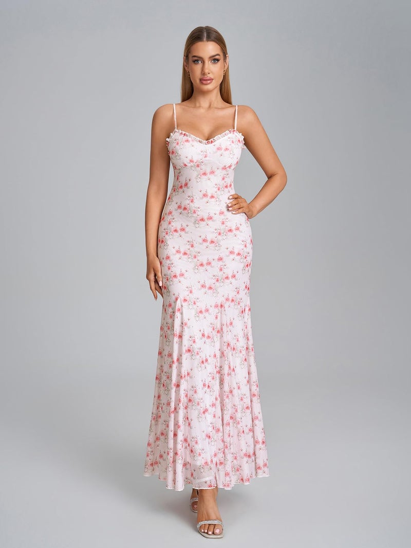 EYNMIN Floral Maxi Dress Lace Spaghetti Strap Flowy Ruffle Long Sundress 2026 Spring Summer Wedding Guest Dresses for Women - Image 2