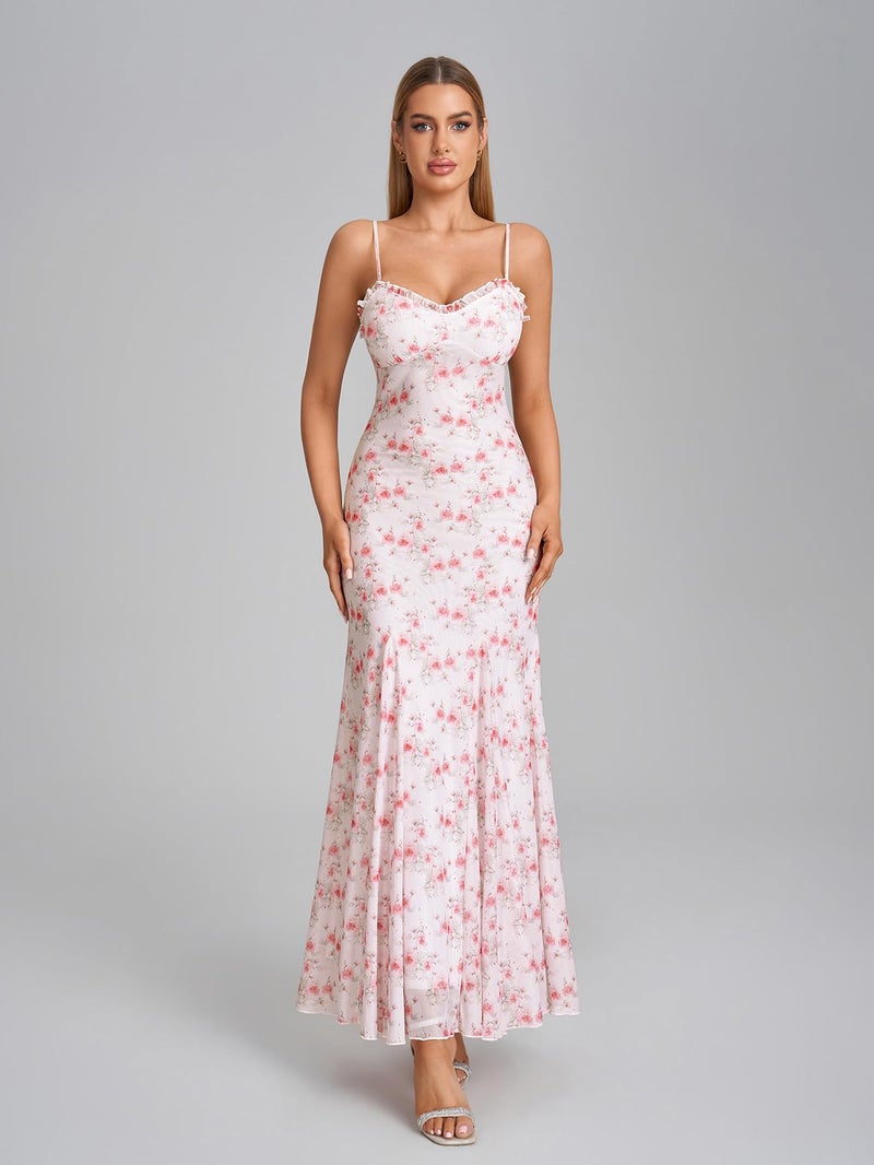 EYNMIN Floral Maxi Dress Lace Spaghetti Strap Flowy Ruffle Long Sundress 2026 Spring Summer Wedding Guest Dresses for Women - Image 4