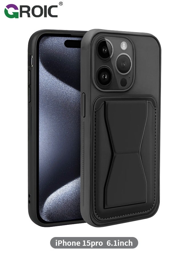 GROIC Compatible with iPhone 15 Pro Silicone Black Phone Case with Card Holder, iPhone 15 Pro Wallet Case Hand Strap Kickstand for iPhone 15 Pro Cover - Image 1