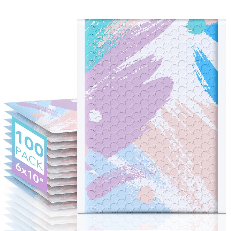 Fuxury Bubble Mailers 6x10" Watercolor Soft Pastel Padded Envelopes 100 Pack Small Bubble Envelopes Usable Size 6x9" Padded Mailers Special Design Shipping Bags for Small Business Jewelry Makeup #0 - Image 1