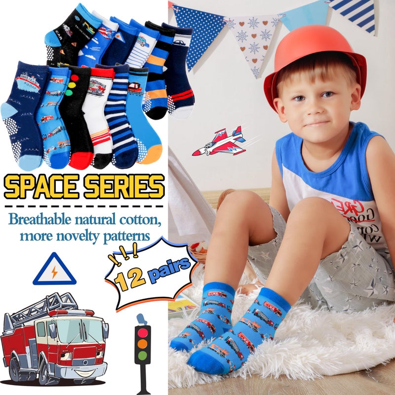 Welwoos Baby Boys Grips Socks Kids Toddlers Infants Non Slip Anti Skid Funny Animal Cartoon Gift Cotton Truck Socks with Grippers 12 Pairs Stocking Stuffers (Cars,5-8 Y) - Image 4