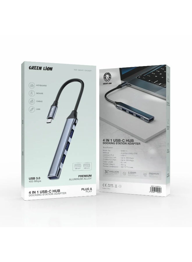 GREEN LION 4 IN 1 USB-C Hub & Docking Station Adapter / PD 100W / 1×USB-A 3.0 & 3×USB-A 2.0 Ports / Plug & Play / Universal Compatibility / Up to 400 Mbps High Speed Data Transfer / for Laptop & Keyboard & Mouse & Cables - Black - Image 3
