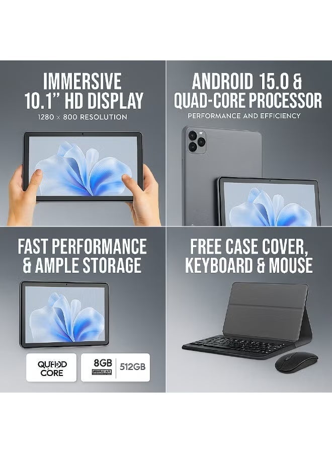 Oteeto TAB 10 Pro Plus (Grey) – 10.1-inch HD Display | 8GB RAM + 512GB ROM | Android 15 | Quad-Core | 13MP + 5MP Camera | 8000mAh Battery | WiFi + SIM | Free Keyboard, Cover & Mouse - Image 2