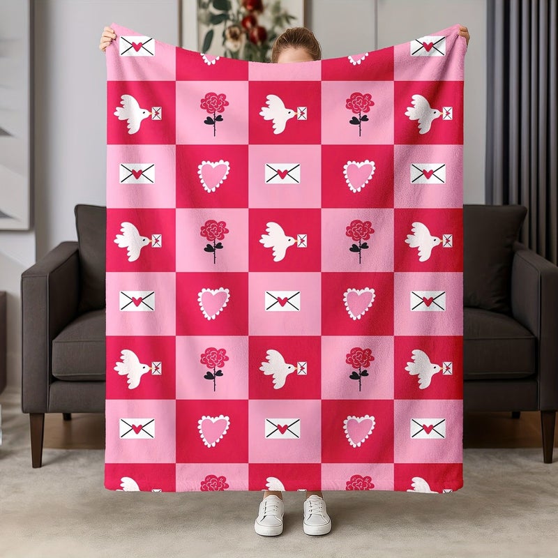 Pink Heart Shaped Checkered Flannel Blanket 59.06 by 78.74 Inches for Valentine Romantic Throw - Image 1