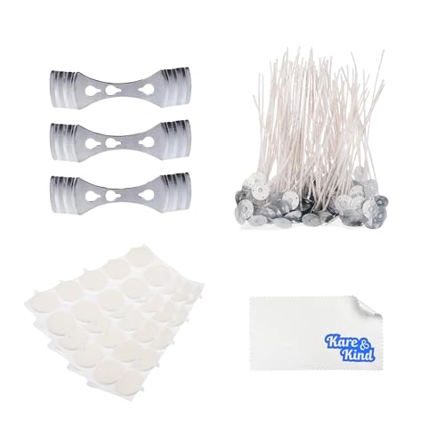 Kare Kind Candle Wick Bundle: 50 Candle Wicks, 50 Stickers and 3 Wick Holders - Easy Positioning - Wicks Coated With Natural Soy Wax, Cotton Threads Woven with Paper - Contains No Lead, Zinc or Other Metals - Image 1