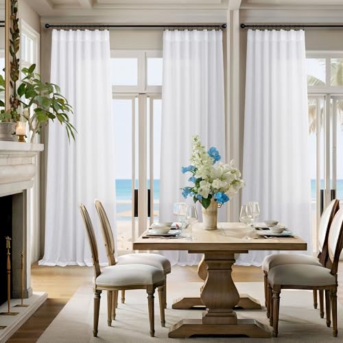 Pitalk White Linen Curtains 84 Inch Length for Living Room 2 Panel Back Tab Loop Pocket Drape Cotton Textured Light Filtering Semi Sheer Lightweight Curtain for Bedroom Boho Rustic Farmhouse Decor 52x84 Long - Image 2
