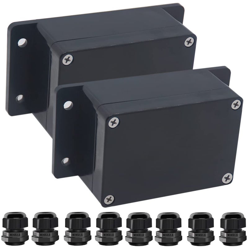 Otdorpatio 2Packs Junction Box IP65 Waterproof ABS Plastic Electrical Project Case Power Junction Boxes Project Box with Fixed Ear Black 394x268x197 inch100x 68 x50 mm