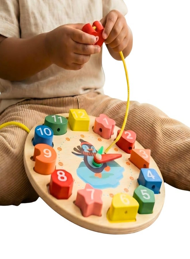 BrainyTots Kids Wooden Shape Color Sorting Clock Teaching Time Number Blocks Clock Shape Patterns Sorting Puzzle Montessori Early Learning Educational Toy Gift for Toddler Baby Kids 3+ - Image 1