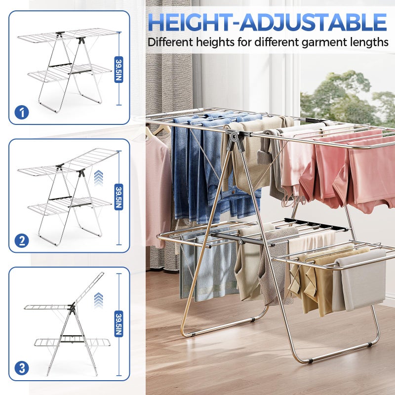 APEXCHASER Clothes Drying Rack, Foldable 2-Level Drying Rack Clothing, Stainless Steel Free-Standing Laundry Airer, with Height-Adjustable 4 Wings, Matte Black - Image 3