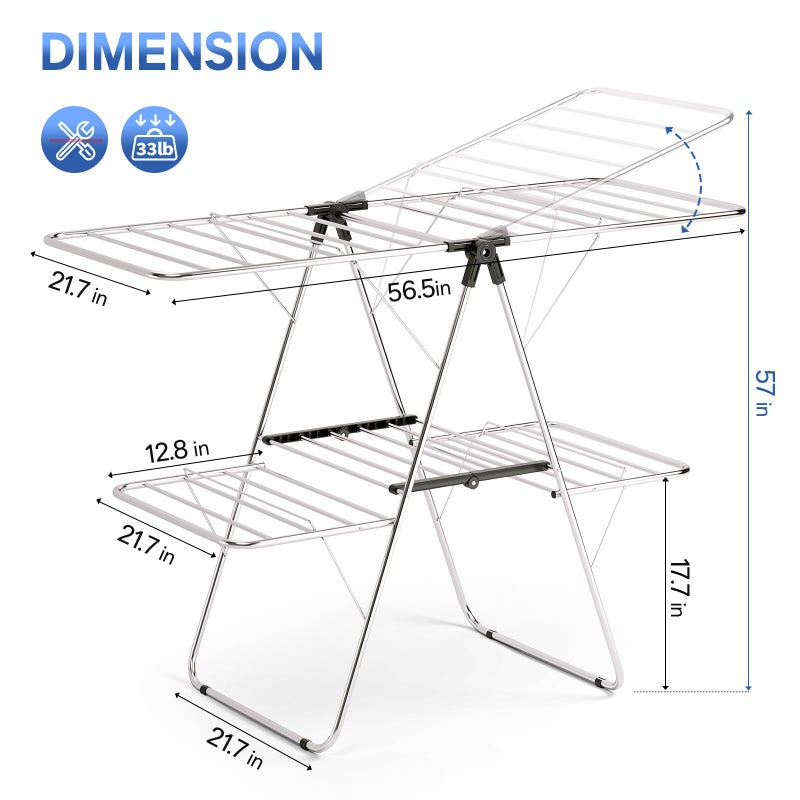 APEXCHASER Clothes Drying Rack, Foldable 2-Level Drying Rack Clothing, Stainless Steel Free-Standing Laundry Airer, with Height-Adjustable 4 Wings, Matte Black - Image 2