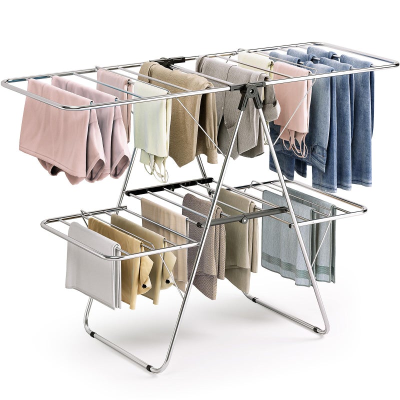 APEXCHASER Clothes Drying Rack, Foldable 2-Level Drying Rack Clothing, Stainless Steel Free-Standing Laundry Airer, with Height-Adjustable 4 Wings, Matte Black - Image 1