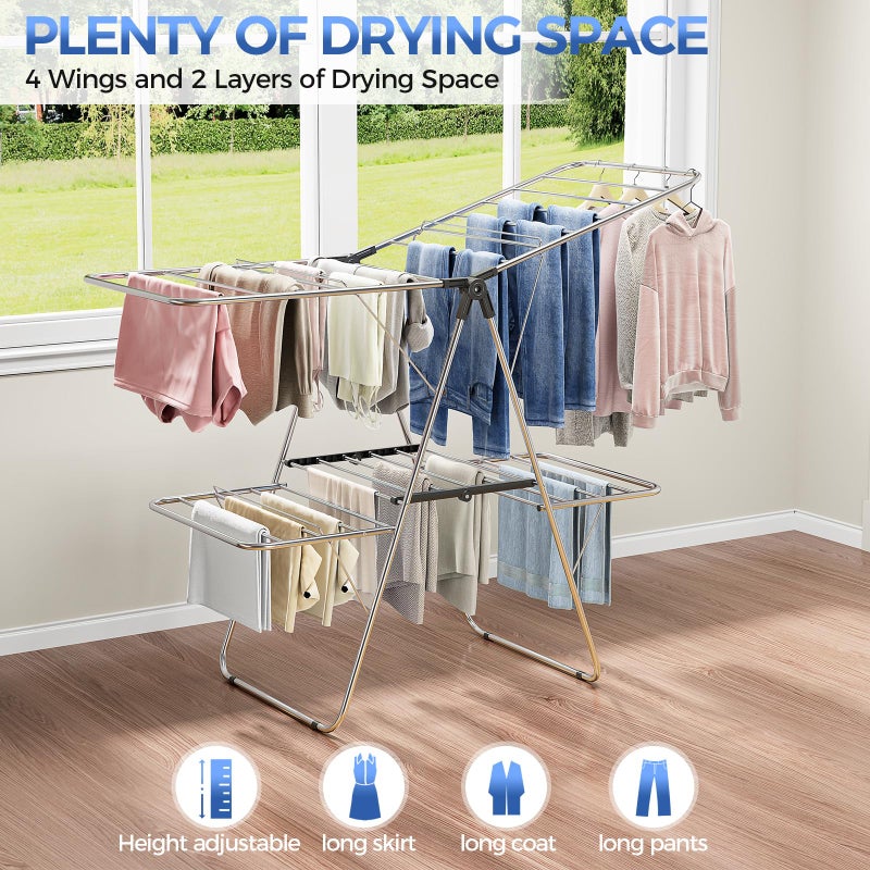 APEXCHASER Clothes Drying Rack, Foldable 2-Level Drying Rack Clothing, Stainless Steel Free-Standing Laundry Airer, with Height-Adjustable 4 Wings, Matte Black - Image 4