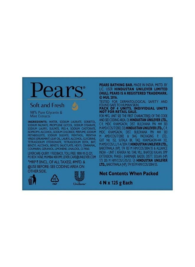 Pears - Soft & Fresh Bathing Bar With 98% Pure Glycerine & Mint Extracts For Fresh Glow (125G X 4) - Image 1
