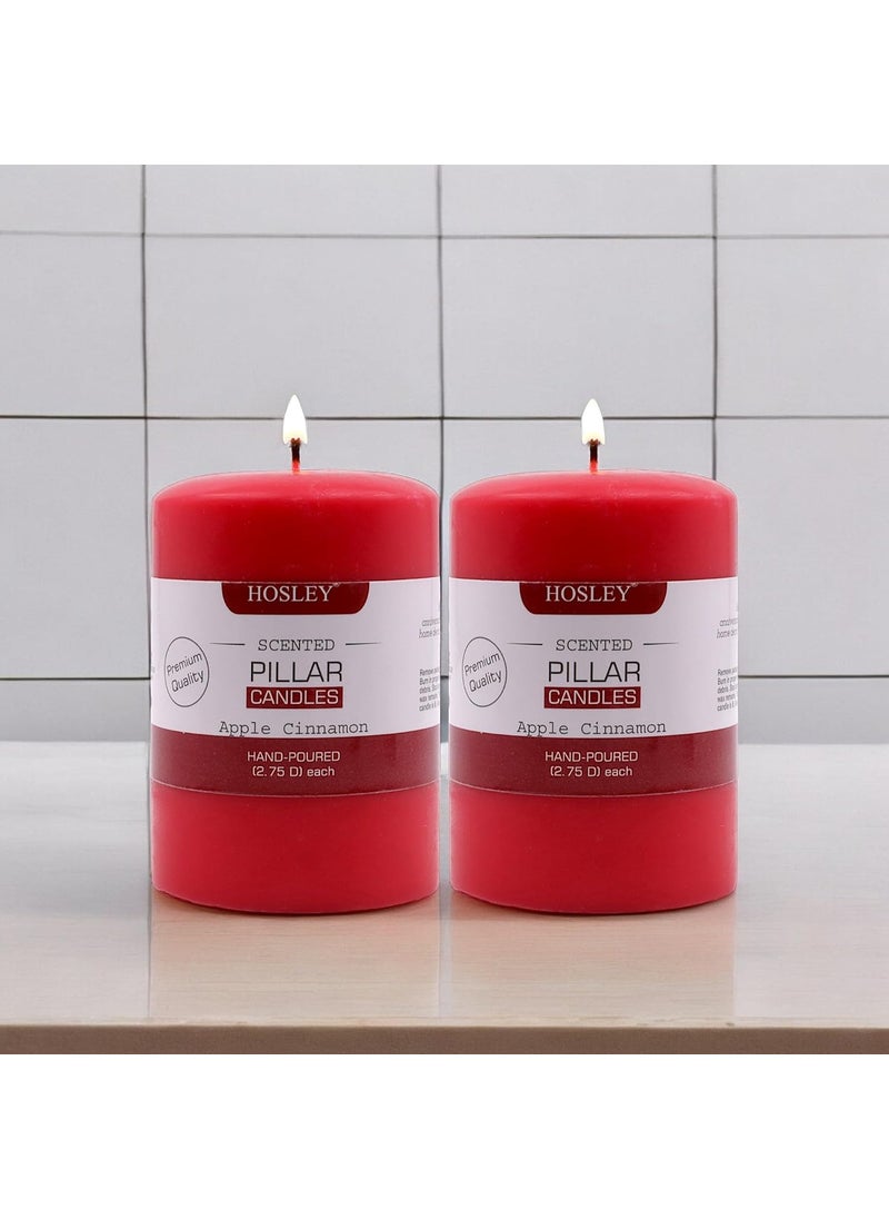 Hosley - HOSLEY Pack of 2|4 Inch Long Each|Apple Cinnamon Fragrance Pillar Candles|Red Candles Perfect for Home Decor, Birthday, Wedding, Parties, Restaurants|Smokeless & Dripless|2.75 Inch Diameter - Image 1