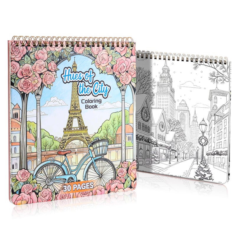 emmoolife Coloring Book for Adult, 30 Pages Hues of The City, Color Urban Street Scenes, Architecture Building Stores, Fun Coloring Activities for Women Teen, Painting Pages for Relax Stress Relief - Image 1