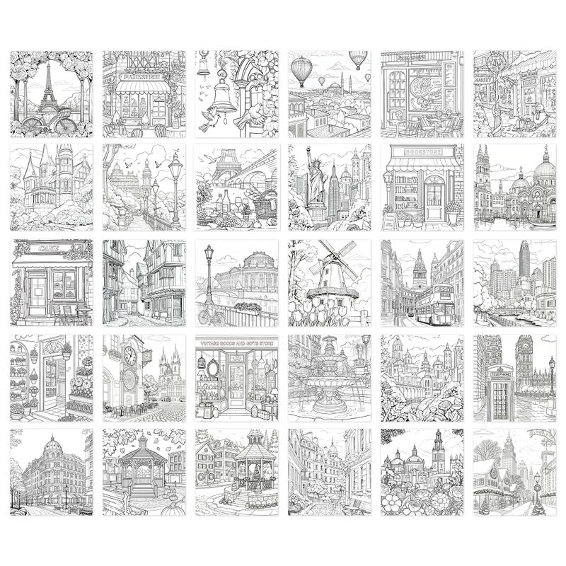emmoolife Coloring Book for Adult, 30 Pages Hues of The City, Color Urban Street Scenes, Architecture Building Stores, Fun Coloring Activities for Women Teen, Painting Pages for Relax Stress Relief - Image 2