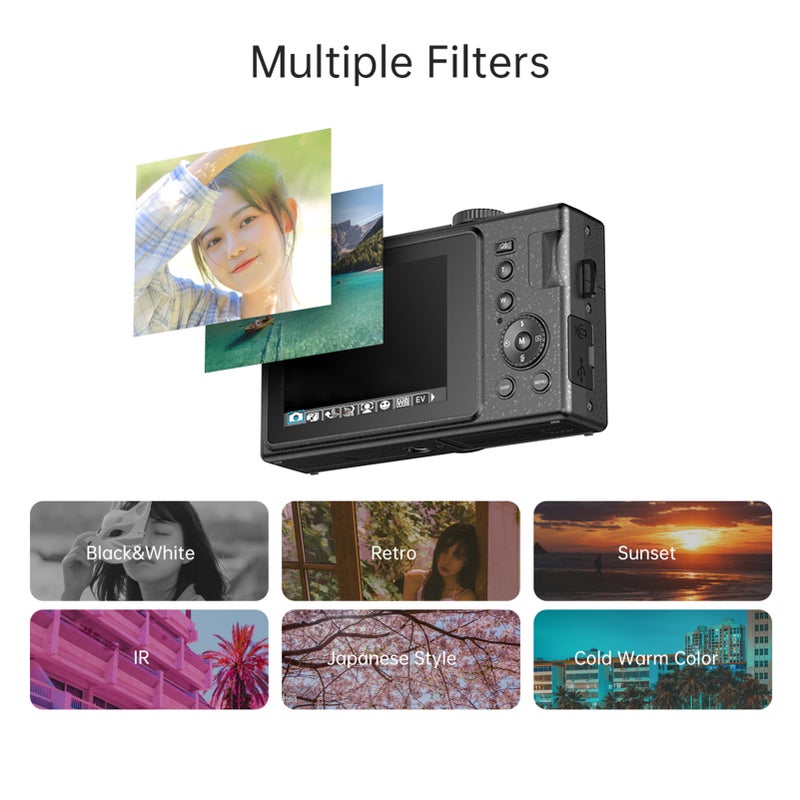 كاميرا رقمية صغيرة دقة 1080P ومقاطع فيديو 48 ميجا بكسل، شاشة TFT LCD مقاس 3.0 بوصة، تركيز ذاتي، تكبير رقمي 16x، مضاد للهزاز، كشف الوجوه، التقاط الضحكات، تحسين مظهر الوجه، فلاش داخلي، بطارية، مرآة صور تسليط الضوء على الذات - Image 3