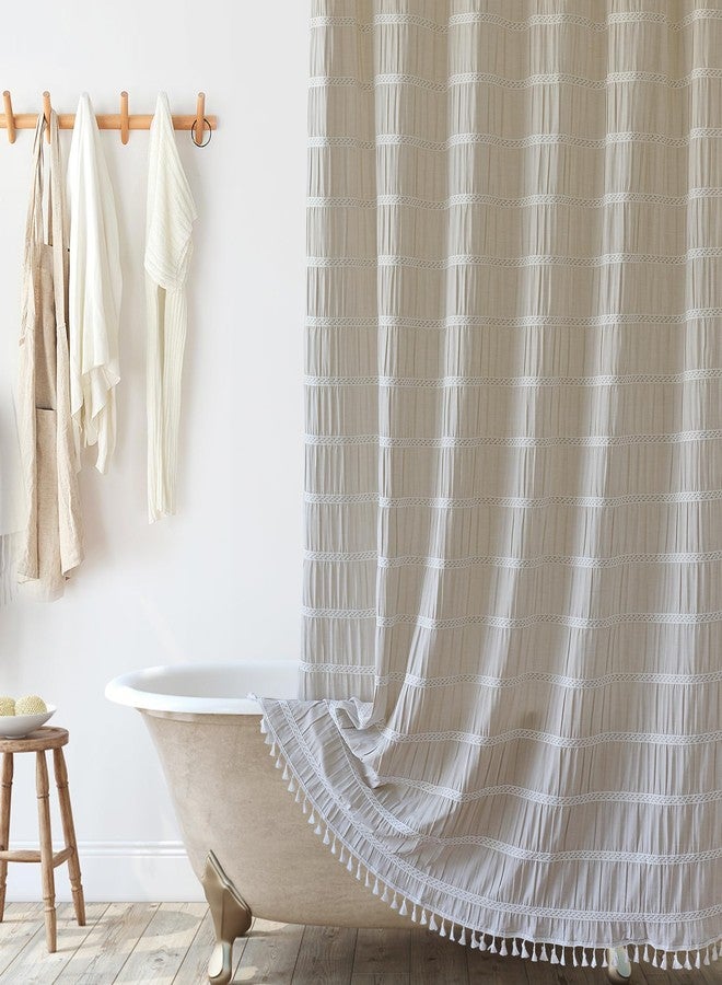 Siiluminisoy Cream Shower Curtain Fabric Rustic Shower Curtain Farmhouse Striped Cotton Blend Thick Boho Shower Curtains for Country Bathroom Decor, (Beige, 72 x 72) - Image 2