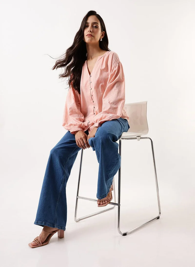 Dennis Lingo Peach Bud Women's Peach Bud Cambric Embroidered T-Shirt Regular Fit Tops for Women | Best Price UAE