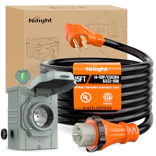 Nilight 50A 15FT Generator Extension Cord and Power Inlet Box 125/250V Heavy Duty 6/3+8/1 Gauge STW ETL Listed NEMA 14-50P/SS2-50R Twist Lock Connector for RV Outdoor Use - Image 1