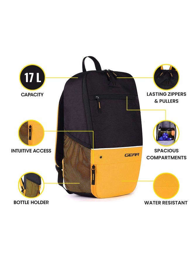 جير - حقيبة مدرسية صغيرة مقاومة للماء من Gear SUPERIOR XL بسعة 17 لترًا/حقيبة ظهر غير رسمية/حقيبة جامعية/حقيبة رياضية مع حجرة للأحذية للرجال/النساء (أسود-أصفر) - Image 1