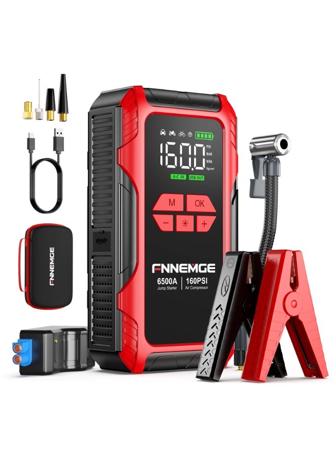 فنيمج المنشط المحمول 4 في 1 بقوة 6500A مع مضخن هواء، منشط بدء تشغيل بطارية السيارة 26800mAh 12 فولت (لجميع المركبات البنزينية / المركبات الديزلية 10.0 لتر)، مضخن إطارات 160PSI، مع شاشة LCD كبيرة وأضواء - Image 1