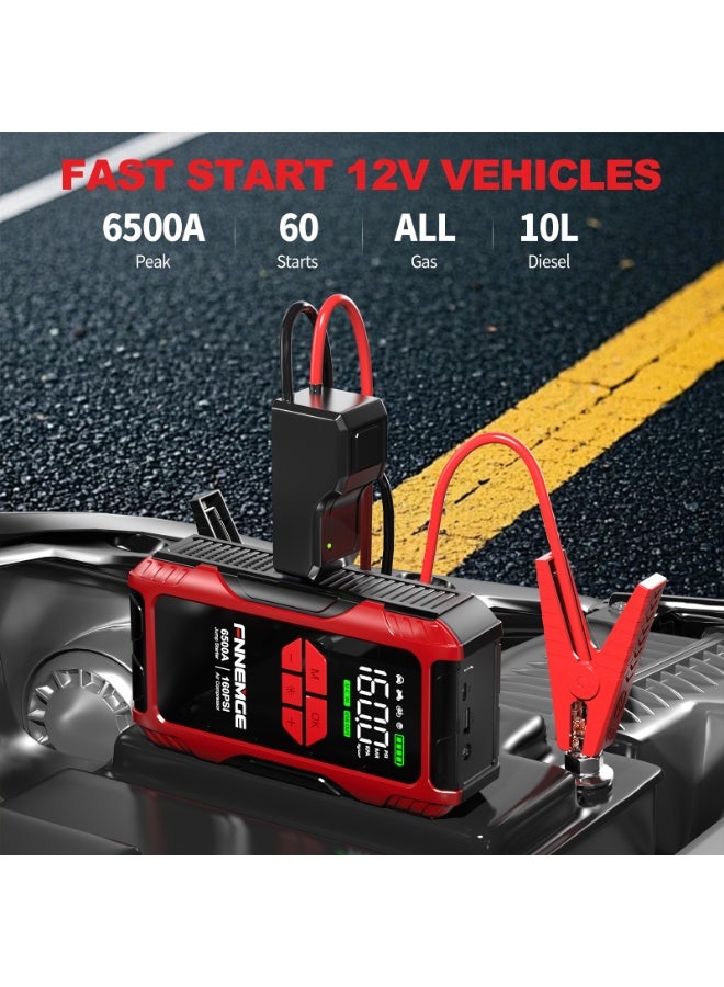 فنيمج المنشط المحمول 4 في 1 بقوة 6500A مع مضخن هواء، منشط بدء تشغيل بطارية السيارة 26800mAh 12 فولت (لجميع المركبات البنزينية / المركبات الديزلية 10.0 لتر)، مضخن إطارات 160PSI، مع شاشة LCD كبيرة وأضواء - Image 2