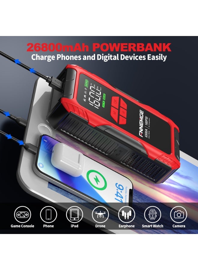 فنيمج المنشط المحمول 4 في 1 بقوة 6500A مع مضخن هواء، منشط بدء تشغيل بطارية السيارة 26800mAh 12 فولت (لجميع المركبات البنزينية / المركبات الديزلية 10.0 لتر)، مضخن إطارات 160PSI، مع شاشة LCD كبيرة وأضواء - Image 5