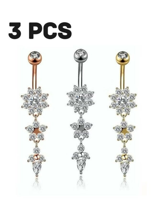 3 Pcs Unique Dangle Belly Rings Crystal Navel Barbell Bling Body Jewelry Set For Women Perfect For Daily Wear Party Beach Vacation - Image 1