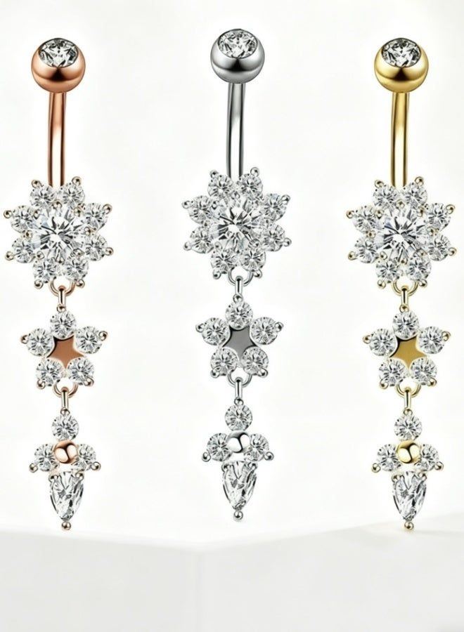 3 Pcs Unique Dangle Belly Rings Crystal Navel Barbell Bling Body Jewelry Set For Women Perfect For Daily Wear Party Beach Vacation - Image 3