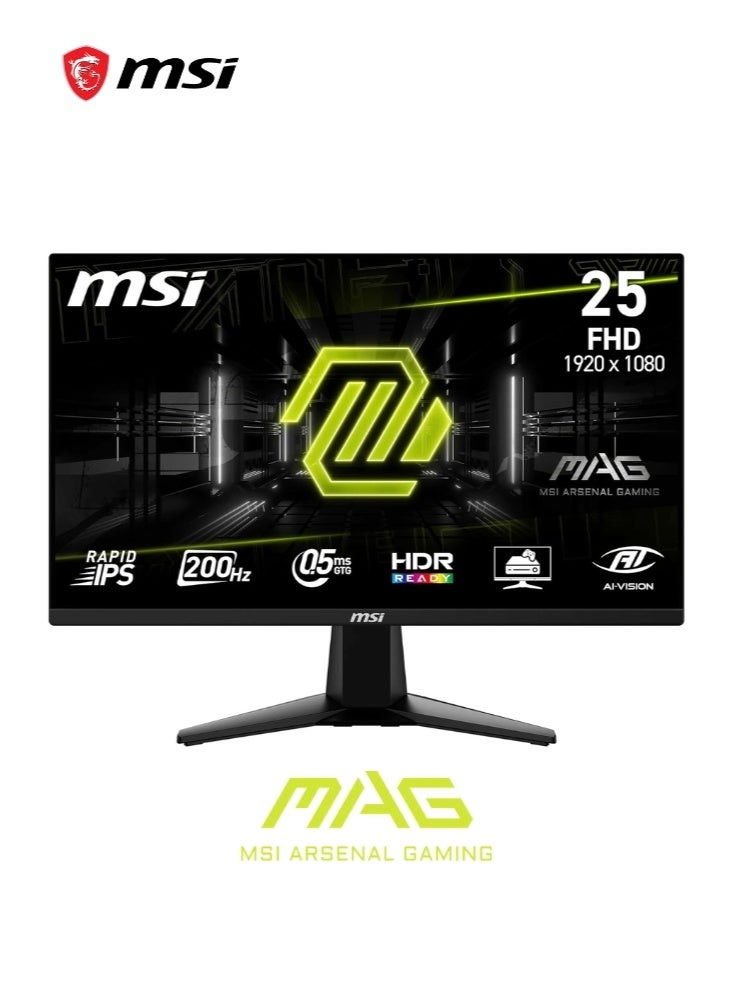 MSI MAG 255F E20 | 24.5-Inch FHD 1920x1080 Gaming Monitor | 200Hz | HDR Ready, AMD FreeSync Premium, Eye Care, AI Vision | HDMI 2.0b, DP 1.2a, Frame-Less, Tilt Adjustable, Vesa Mount | Black