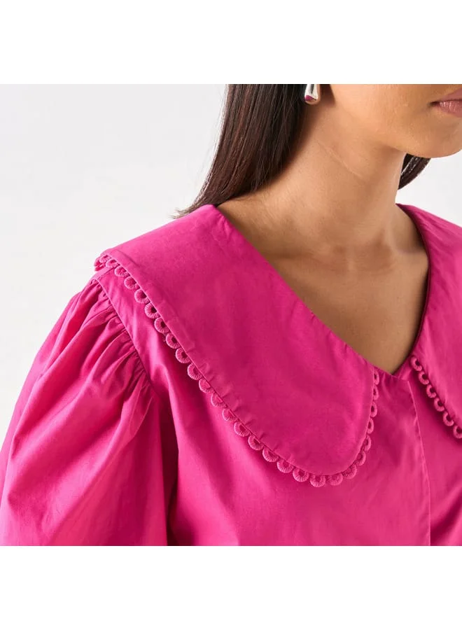 Iconic Iconic Solid Peplum Top with Peter Pan Collar and Tie-Up Detail