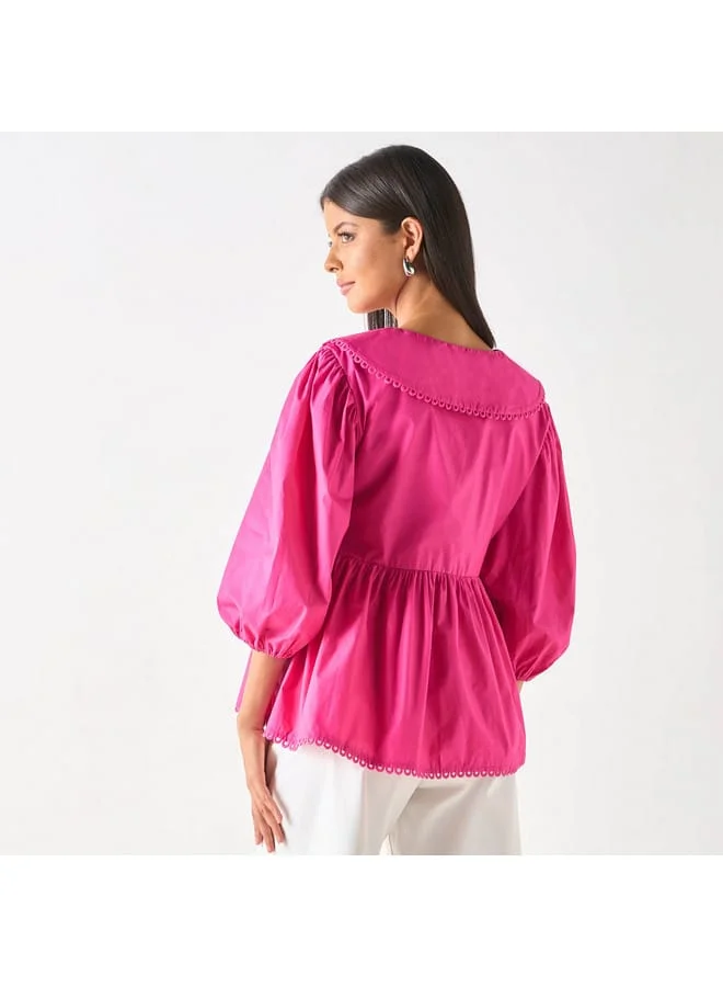 Iconic Iconic Solid Peplum Top with Peter Pan Collar and Tie-Up Detail