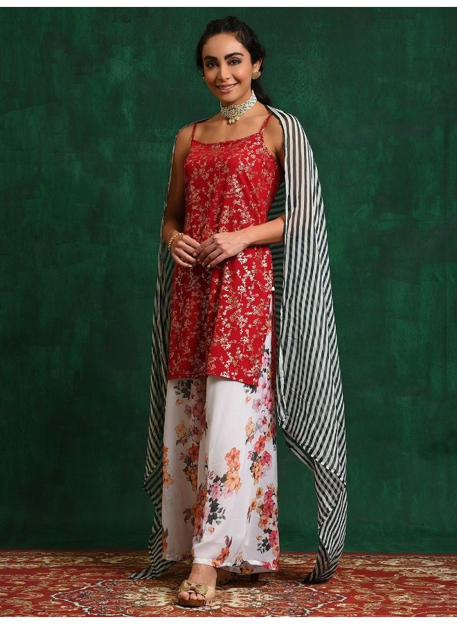 AKS Red Foil print Kurta with Floral palazzo and striped Dupatta  - Image 2