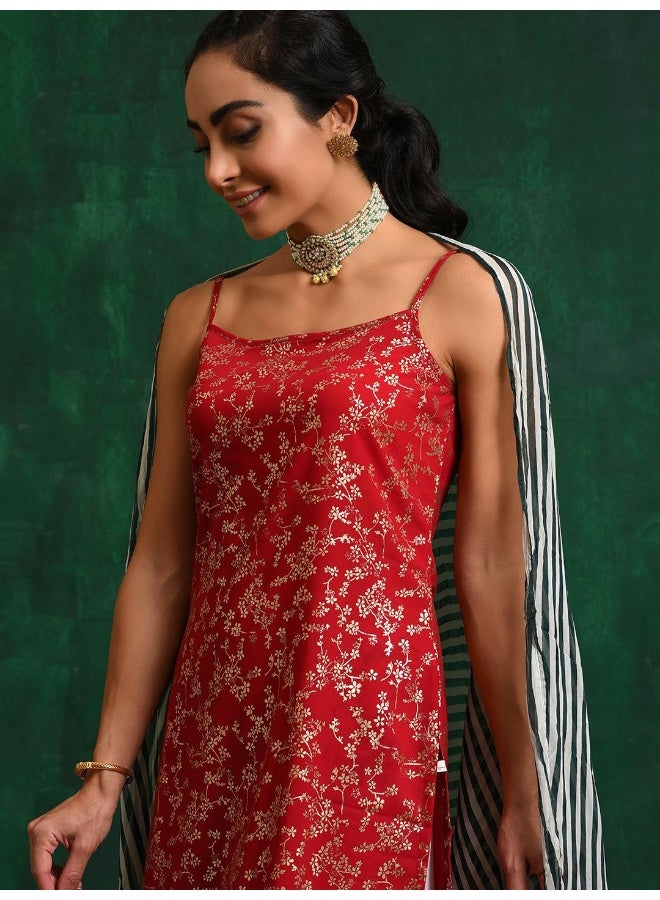 AKS Red Foil print Kurta with Floral palazzo and striped Dupatta  - Image 3