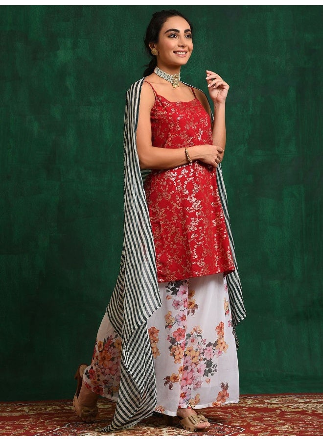 AKS Red Foil print Kurta with Floral palazzo and striped Dupatta  - Image 1
