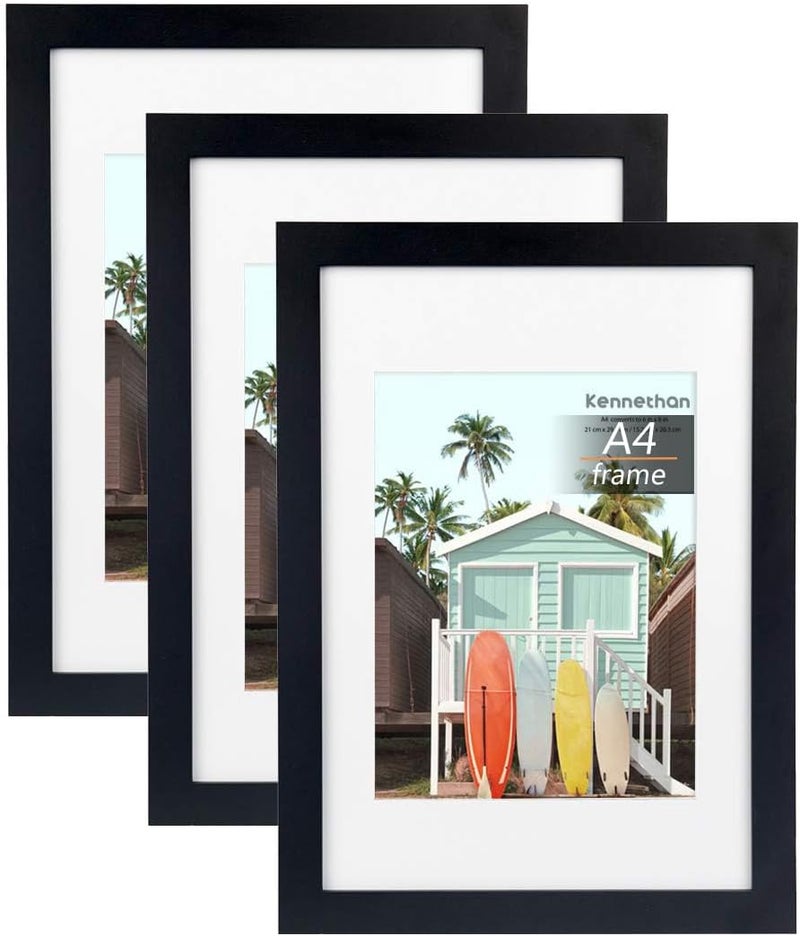 kennethan Picture Frames A4 Black 3 Pack MDF Wooden Frames with Acrylic Glass Ideal for Collages Portraits and Certificates A4 Photo Frames - Image 1