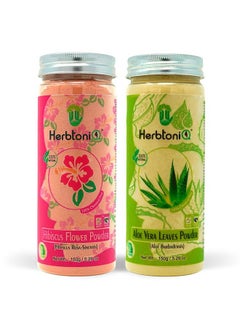 Herbtoniq 100% Natural Hibiscus Flower And Aloe Vera Leaves(Aloe Barbadensis) Powder For Face Pack (300 Gram)  - Image 1