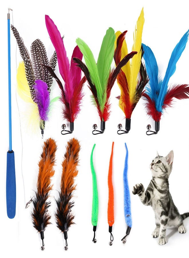 Interactive Cat Feather Toys, 1PCS Retractable Cat Wand Toy and 10PCS Replacement Teaser Refills Worm Bird Feathers, Cat Teaser Toys for Indoor Cats Kitten Play Chase Exercise - Image 1