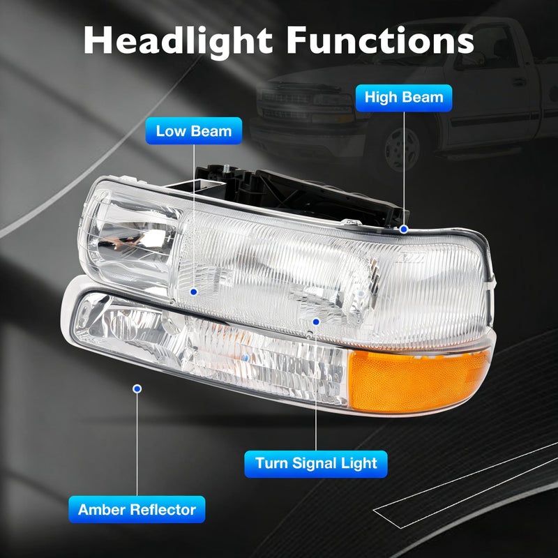 Misakomo Headlights Tail Lights Combo Compatible with 1999 2000 2001 2002 Chevy Silverado 1500/HD 2500/HD - Headlamp Taillight Assembly Replace GM2502187 GM2503187-6PCS OE-Style - Image 4