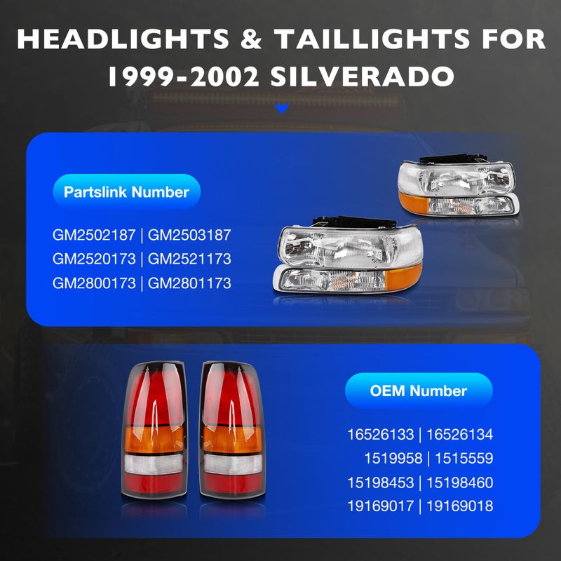 Misakomo Headlights Tail Lights Combo Compatible with 1999 2000 2001 2002 Chevy Silverado 1500/HD 2500/HD - Headlamp Taillight Assembly Replace GM2502187 GM2503187-6PCS OE-Style - Image 2