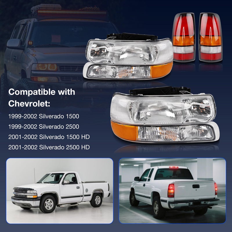 Misakomo Headlights Tail Lights Combo Compatible with 1999 2000 2001 2002 Chevy Silverado 1500/HD 2500/HD - Headlamp Taillight Assembly Replace GM2502187 GM2503187-6PCS OE-Style - Image 3