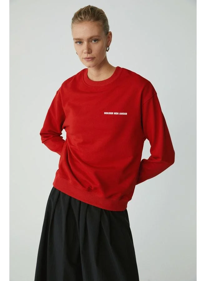 Ethiquet Sandra Women's Cotton-Lined, Fleece-Soft, Printed, Crew Neck Comfort Red Sweatshirt.