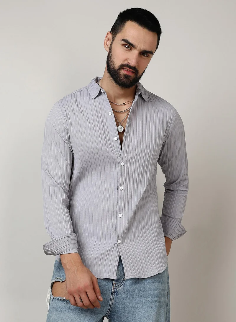 Campus Sutra Men's Moon Grey Self-Design Striped Shirt For Casual Wear | Spread Collar | Long Sleeve | Button Closure | Shirt Crafted With Comfort Fit For Everyday Wear