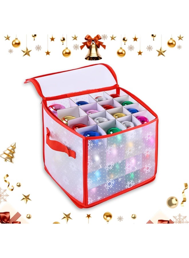 Christmas Ornament Storage Box with 64 Compartments, Each 7.5 cm, Zippered Snowflake Design Bauble Organizer with Handles, 12 Inch Vinyl Plastic Decoration Box for Baubles (Snowflake) - Image 1
