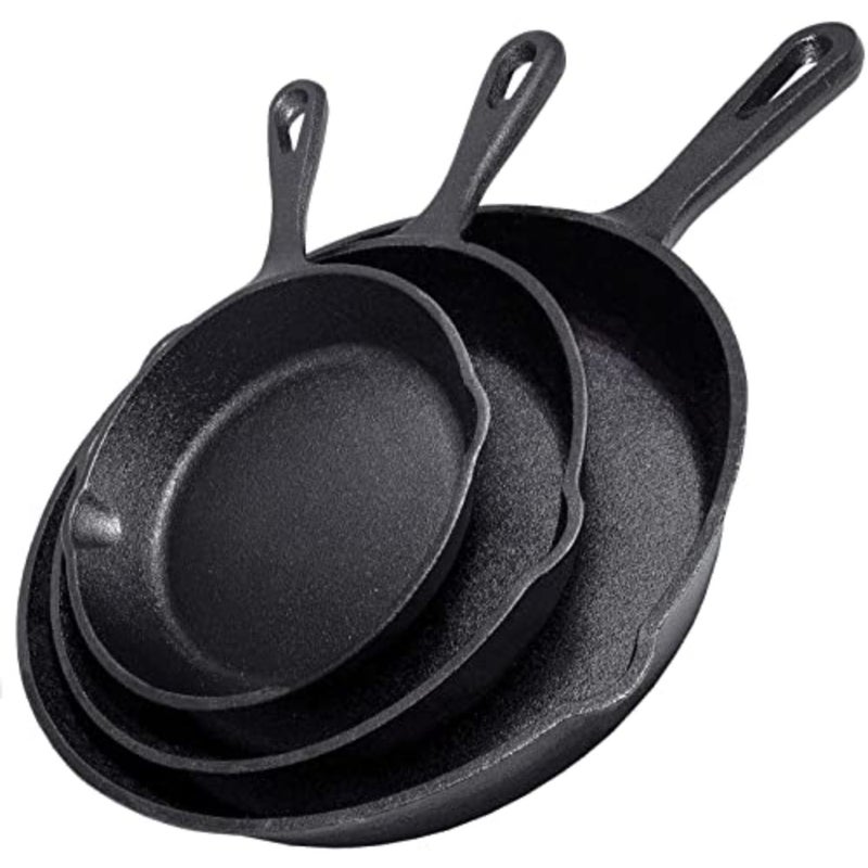 Cast Iron Skillet 3-Piece Set - Best Heavy-Duty Professional Restaurant Chef Quality Pre-Seasoned Pan Cookware Set - 10", 8", 6" Pans - Great For Frying, Saute, Cooking, Pizza and More, Black - Image 1